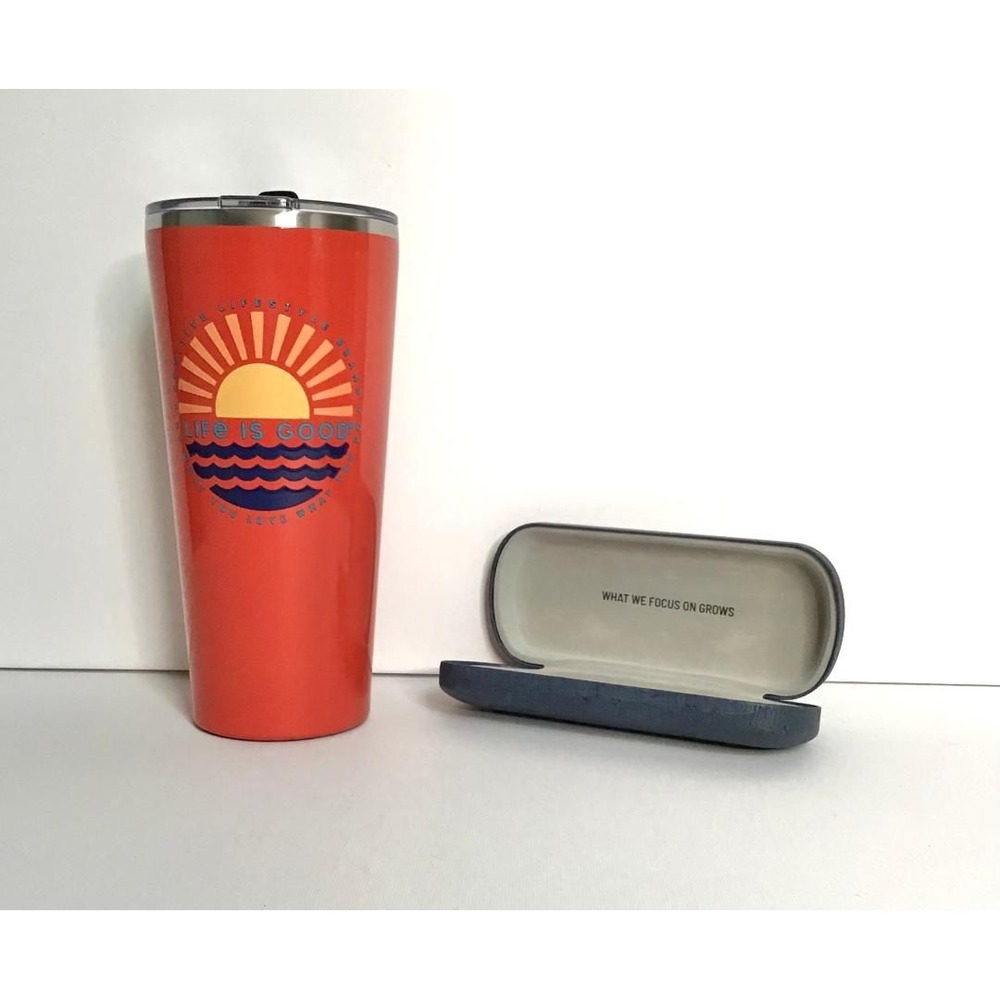 Life Is Good Stainless Steel Insulated Tumbler Travel Mug Orange + Sunglass Case